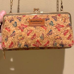 Butterfly Print cork Clutch/ crossbody w chain strap in Tan